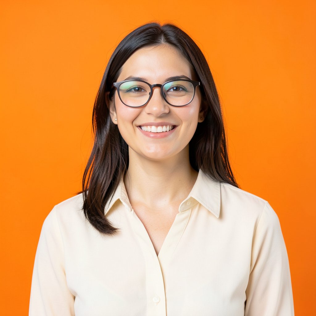 A friendly team member with glasses and a bright expression, dressed in a cream blouse, photographed on a clean white studio backdrop.