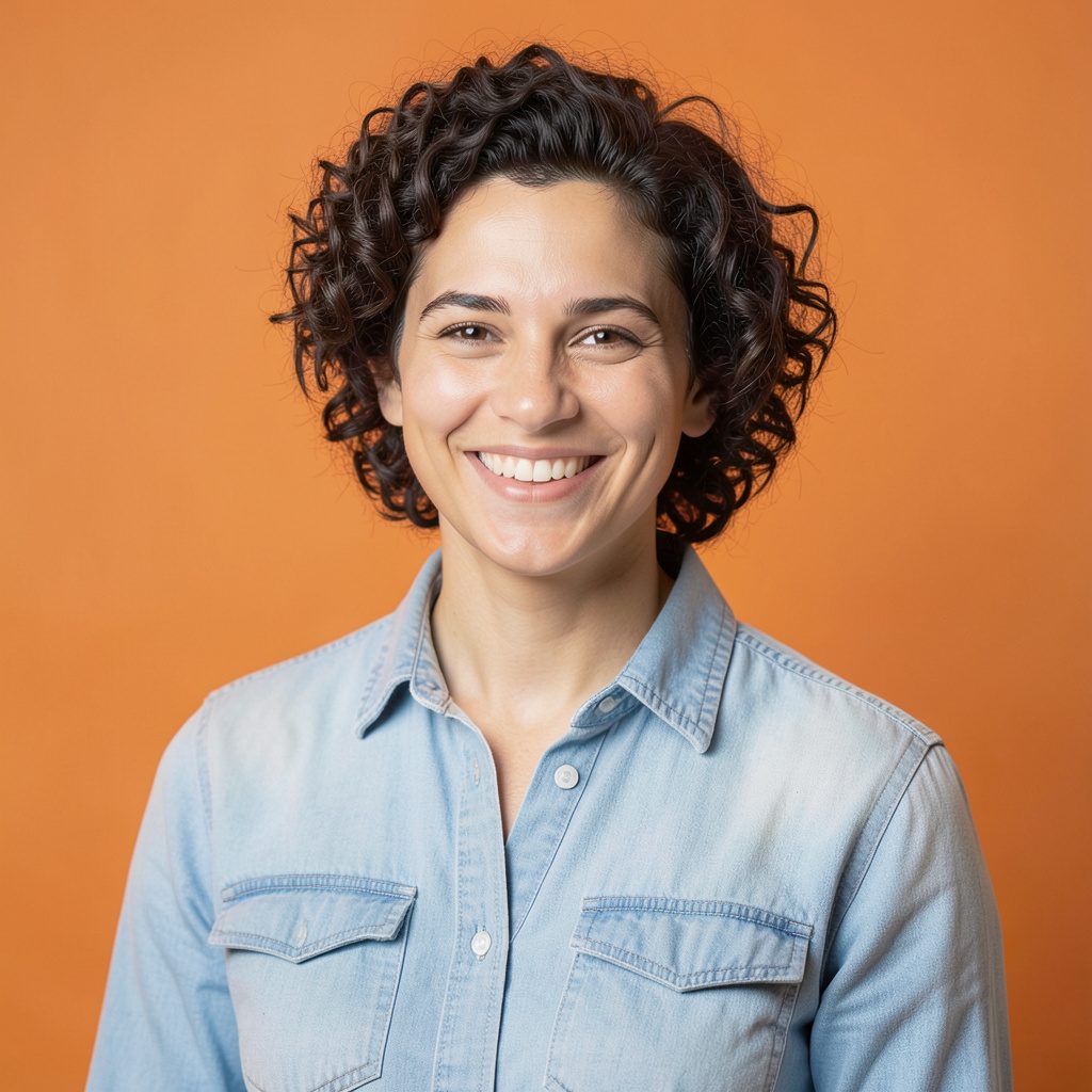 A cheerful team member with curly hair and a relaxed smile, wearing a light denim shirt, photographed against a soft neutral studio backdrop.
