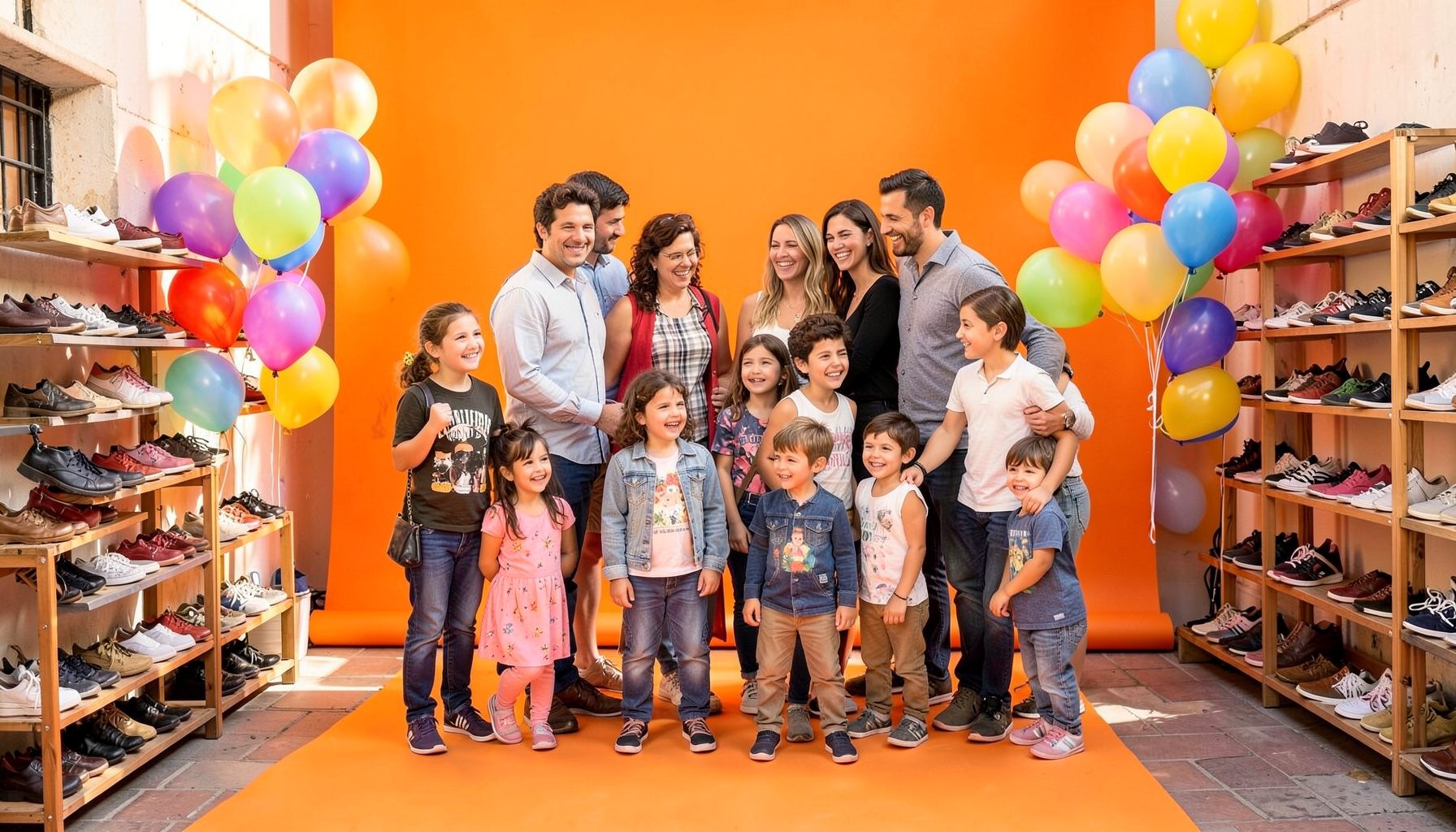 A group of parents and children gathered in a sunlit Barcelona courtyard, surrounded by shoe displays and colorful balloons, with a warm community atmosphere.