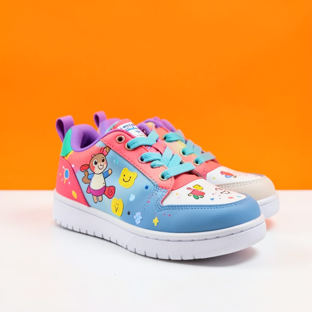 Vibrant children's sneakers with playful details, photographed on a seamless white backdrop.