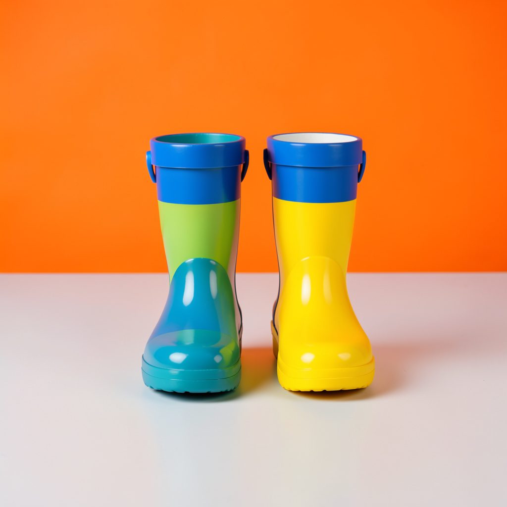 Glossy children's rain boots in bright primary colours, standing on a seamless light-grey backdrop.
