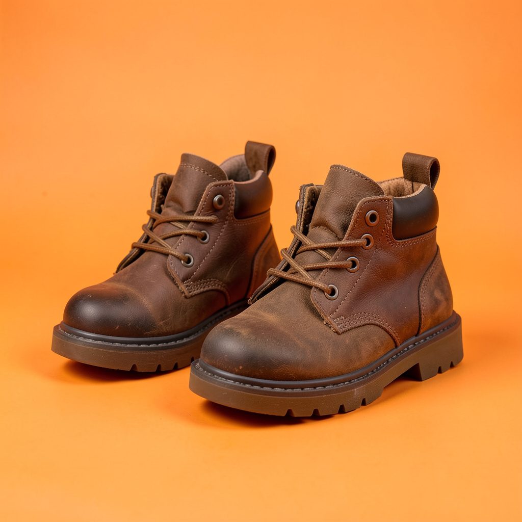 Sturdy children's boots and ankle boots in rich earthy tones, studio-lit on a clean backdrop.