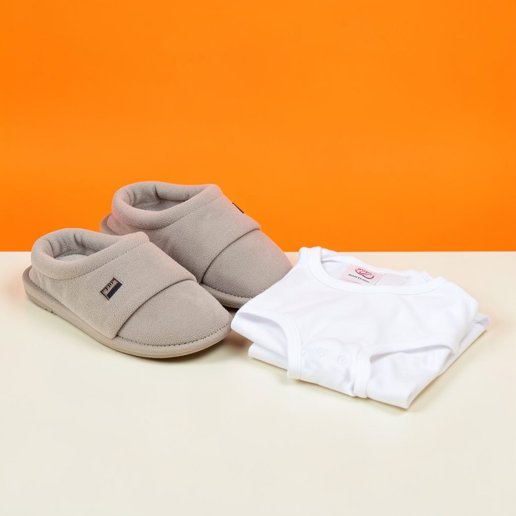 Soft at-home slippers and cotton leotards folded neatly on a pale studio surface.
