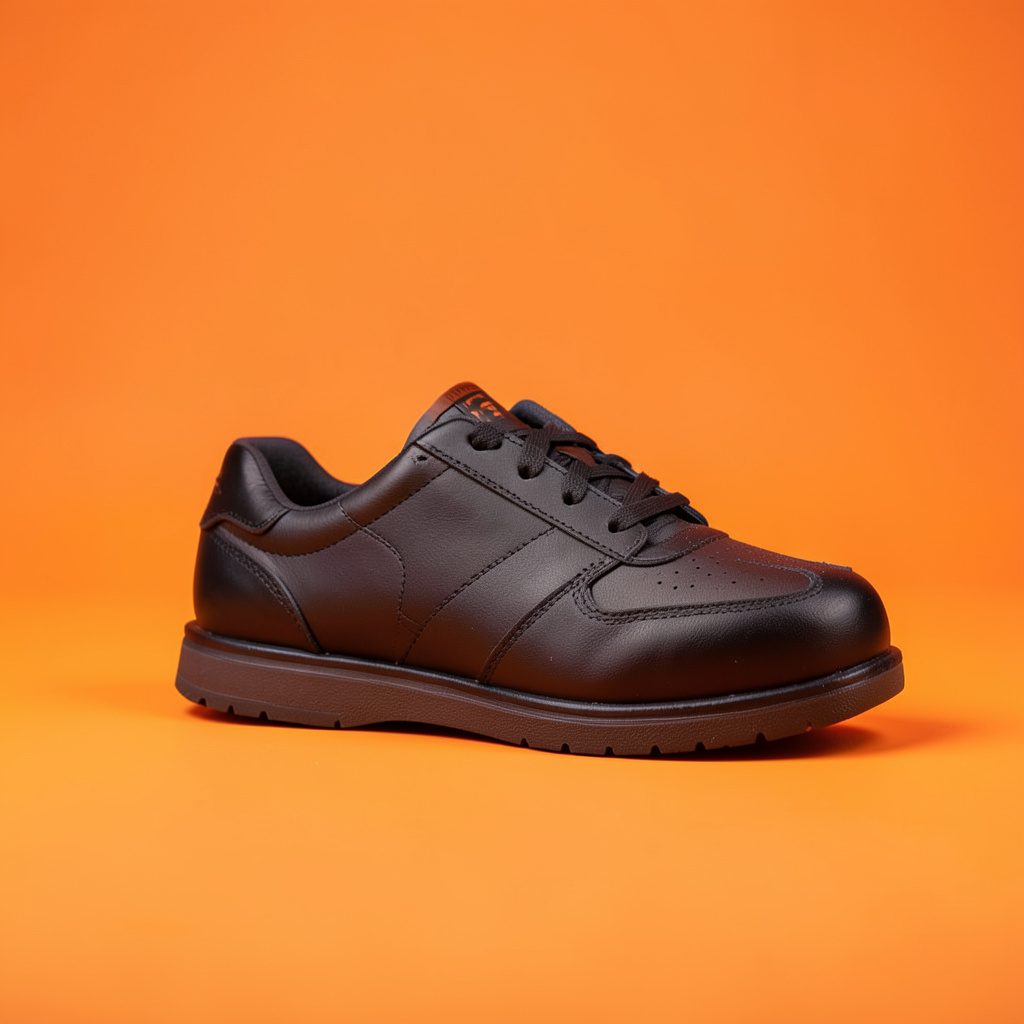 Sleek children's trainers in monochrome tones with subtle metallic accents, shot on a clean white background.